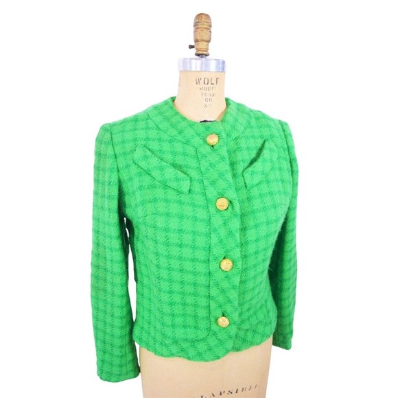 Vintage 1960s Suit Jacket Green Pane Plaid Gold Buttons Wool Blend | W 37" - Picture 3 of 5